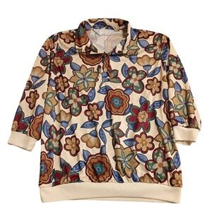 Blair Floral Polo Top Womens XL Cream Multi 3/4 Sleeve Ribbed Hem Retro 2031